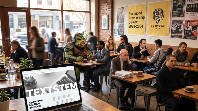 A lively café scene features diverse patrons engaged in conversation, with a large, cartoonish green orc in armor sitting at a table. A laptop displaying a website titled "TEXTSTEM" is prominently placed in the foreground, while various posters and a sign about the Richmond Tigers adorn the walls.