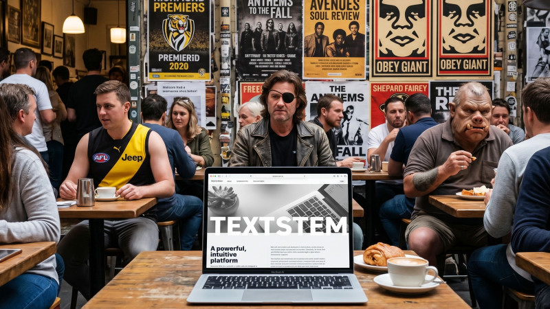 A busy café scene features patrons enjoying their meals and drinks at wooden tables, surrounded by vibrant posters on the walls. In the foreground, a laptop displays the website "TEXTSTEM" with the phrase "A powerful, intuitive platform," capturing the attention of a man in sunglasses seated nearby. 