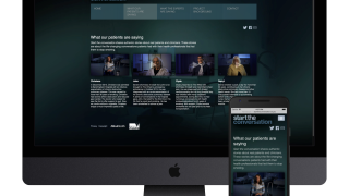 A desktop monitor and a smartphone display a website titled "start the conversation," featuring patient testimonials related to health experiences that led them to stop smoking.