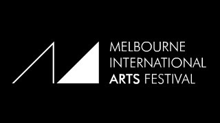 A minimalist logo featuring the text "MELBOURNE INTERNATIONAL ARTS FESTIVAL" in white against a black background. The design includes a stylized "M" made up of geometric shapes, including a triangle and a rectangle.