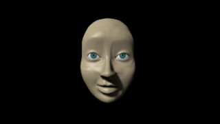 A stylized, three-dimensional face with a smooth, featureless skin tone and striking blue-green eyes is set against a black background. The expression appears neutral, and the lighting adds depth to the facial contours.