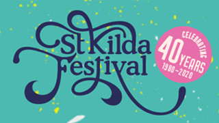 The design features the words "St Kilda Festival" in a stylish, flowing font on a teal background. A pink circle highlights "40 YEARS" and marks the years "1980-2020," celebrating the festival's anniversary with scattered colorful confetti elements.