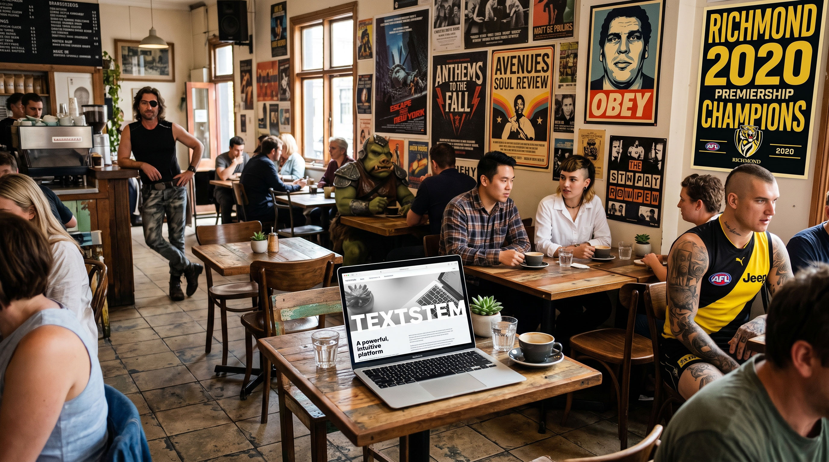 A bustling café features patrons seated at wooden tables, chatting and enjoying coffee, while colorful posters adorn the walls. A laptop displaying the website "TEXTSTEM" sits prominently on one table, and a character in a costume resembling an orc is seen among the people.